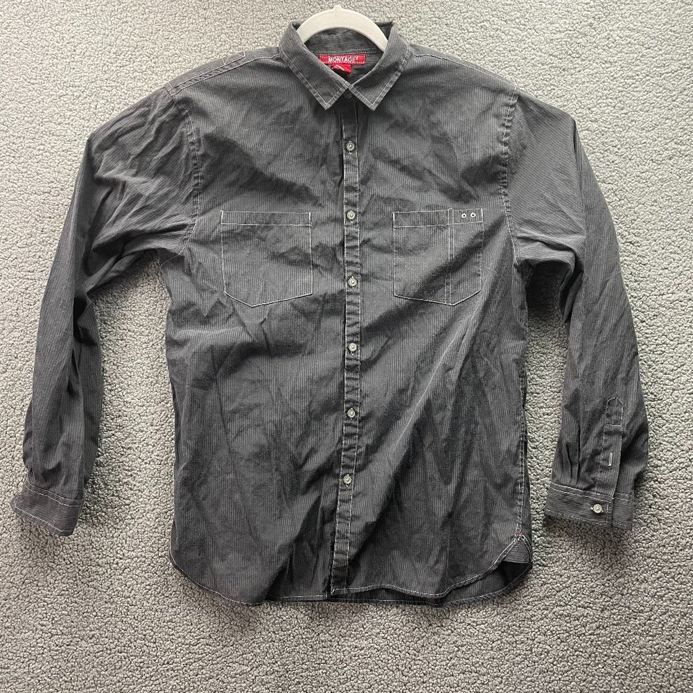 Montage Adult Gray Striped Long Sleeve Mens Button Down Shirt Pockets L